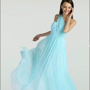 Shoshanna Midnight Collection Seafoam Green One Shoulder Gown.